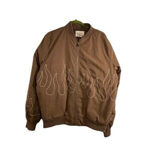 EPTM Flame Stitch Embroidered Brown Bomber Jacket Sz M Retro Skater Streetwear